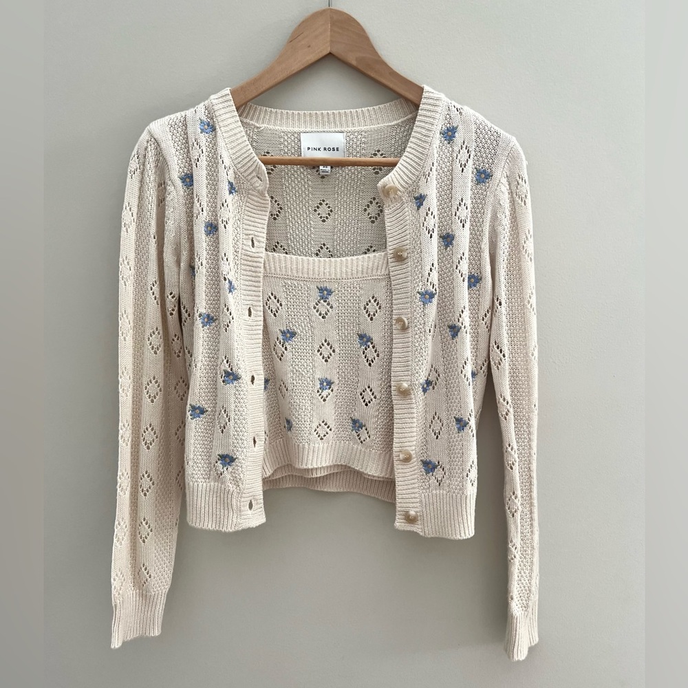 Pink Rose Embroidered knit cardigan and tank top set size XS